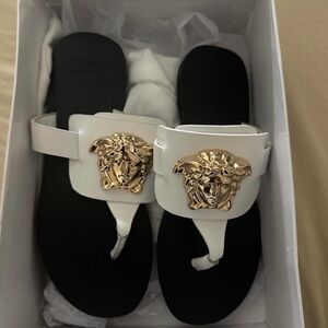 Versace White and Black Gold Medusa Thong Sandals